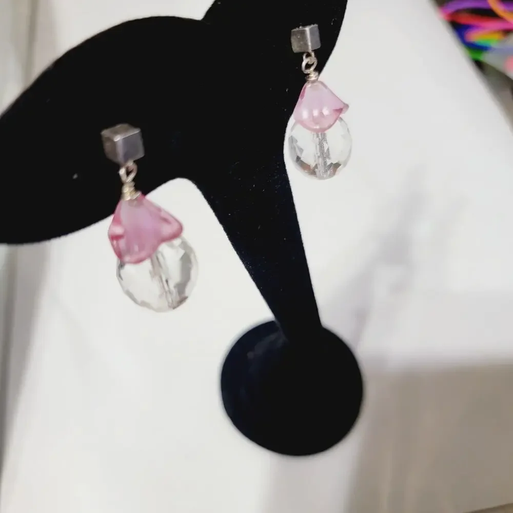 Vintage Dangle Pierced Earrings Faceted Glass, Pink Clear, 11/8